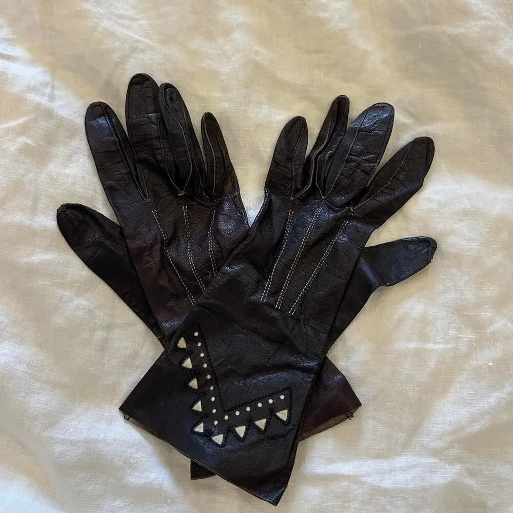 Vintage Dark Brown Leather Gloves Geometric Cutout Detail